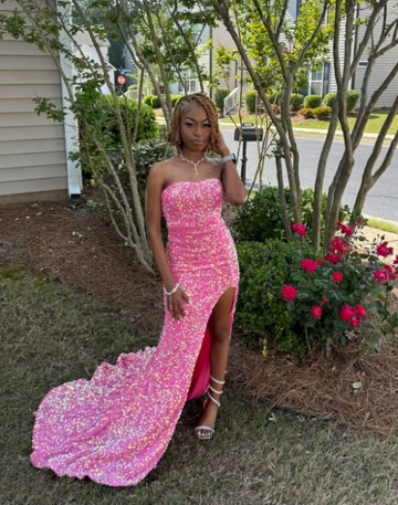 Niulatu Strapless Sheath Pink Long Prom Dresses with Slit Sequins Pink Formal Dresses HZ1026